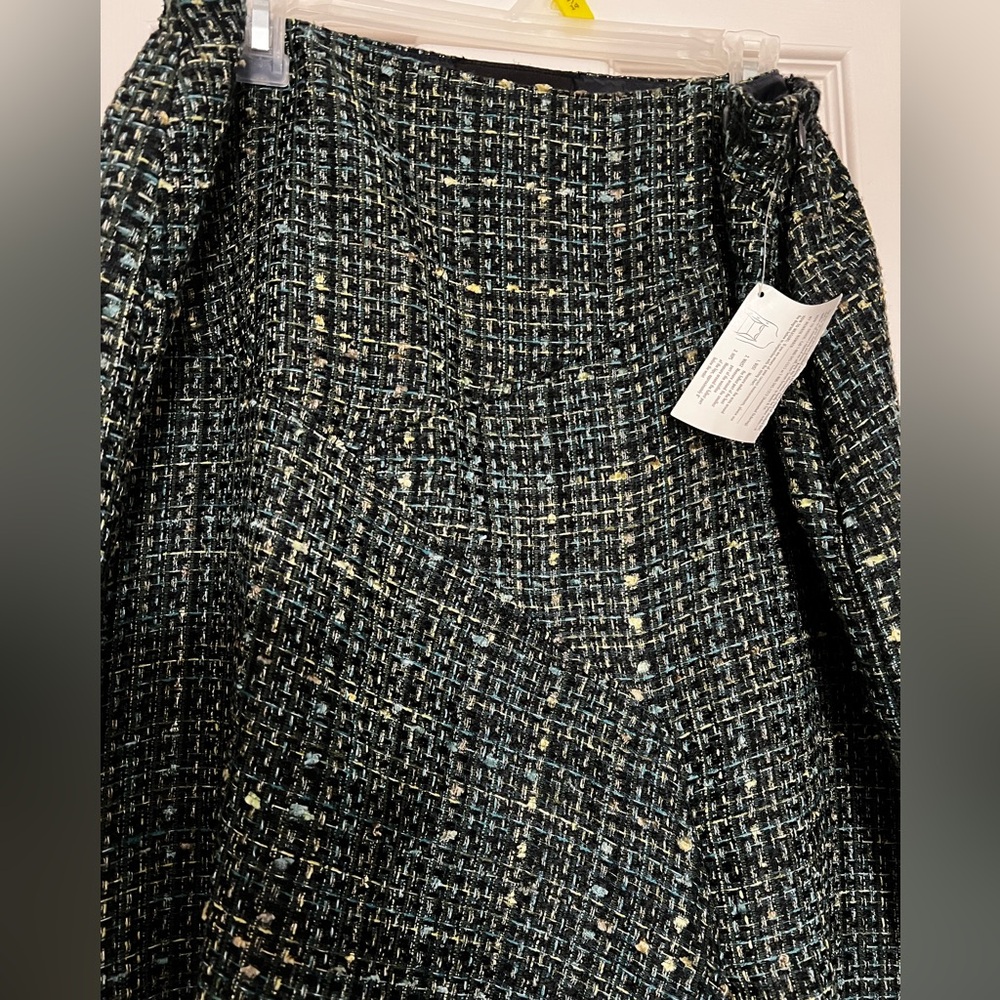 Navy, Green & Yellow Metallic Classic Tweed Asymmetrical Frayed Edge Skirt. - Picture 9 of 14